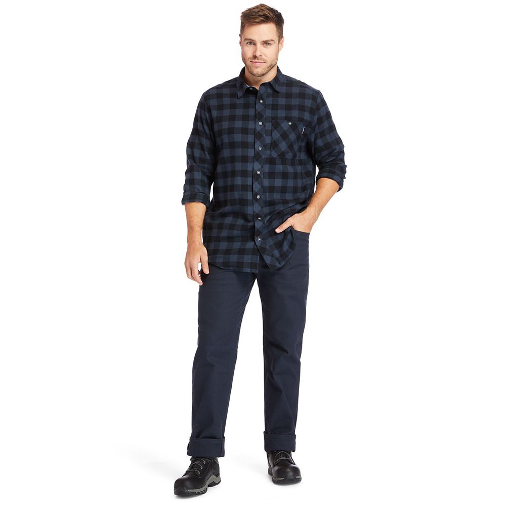 Timberland Mens Shirts PRO® Woodfort Mid-Weight Flex Flannel Work - Navy - India TL4239658